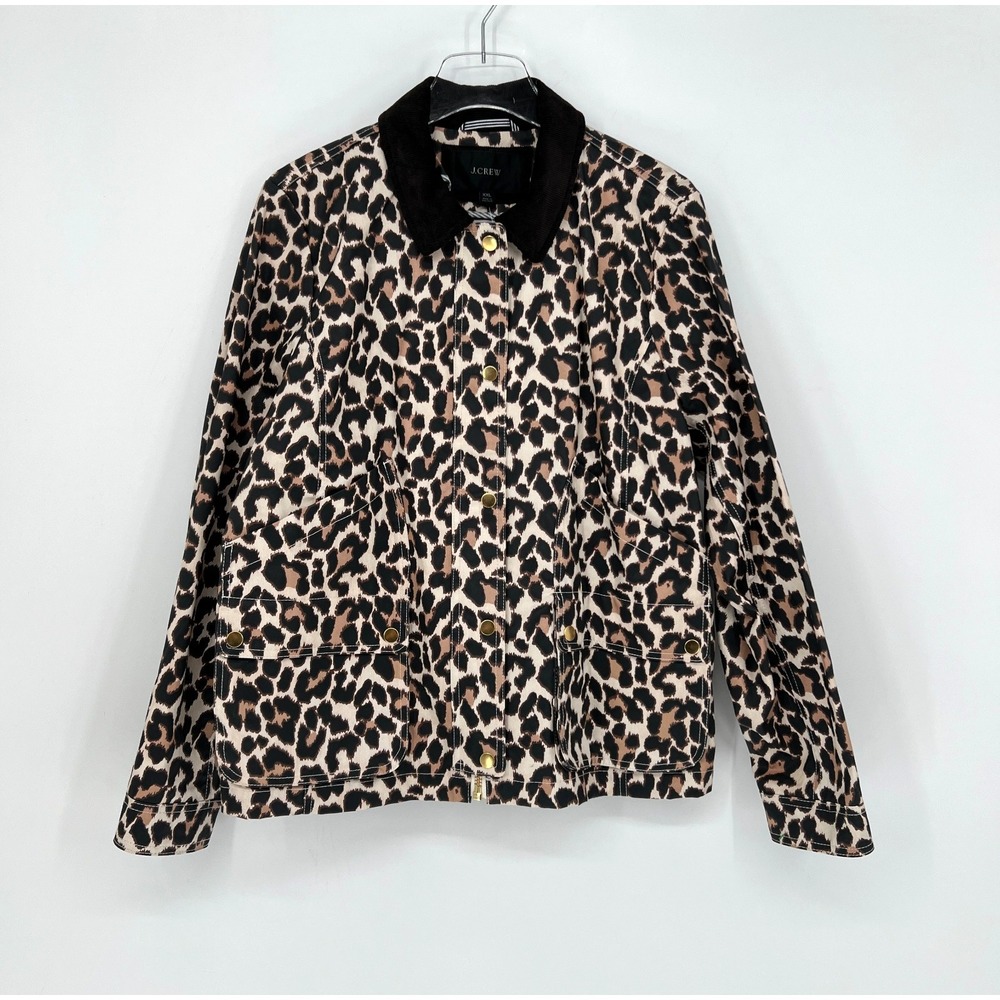 J Crew Barn Jacket Womens XXL Cheetah Print Brown Chore Coat Utility